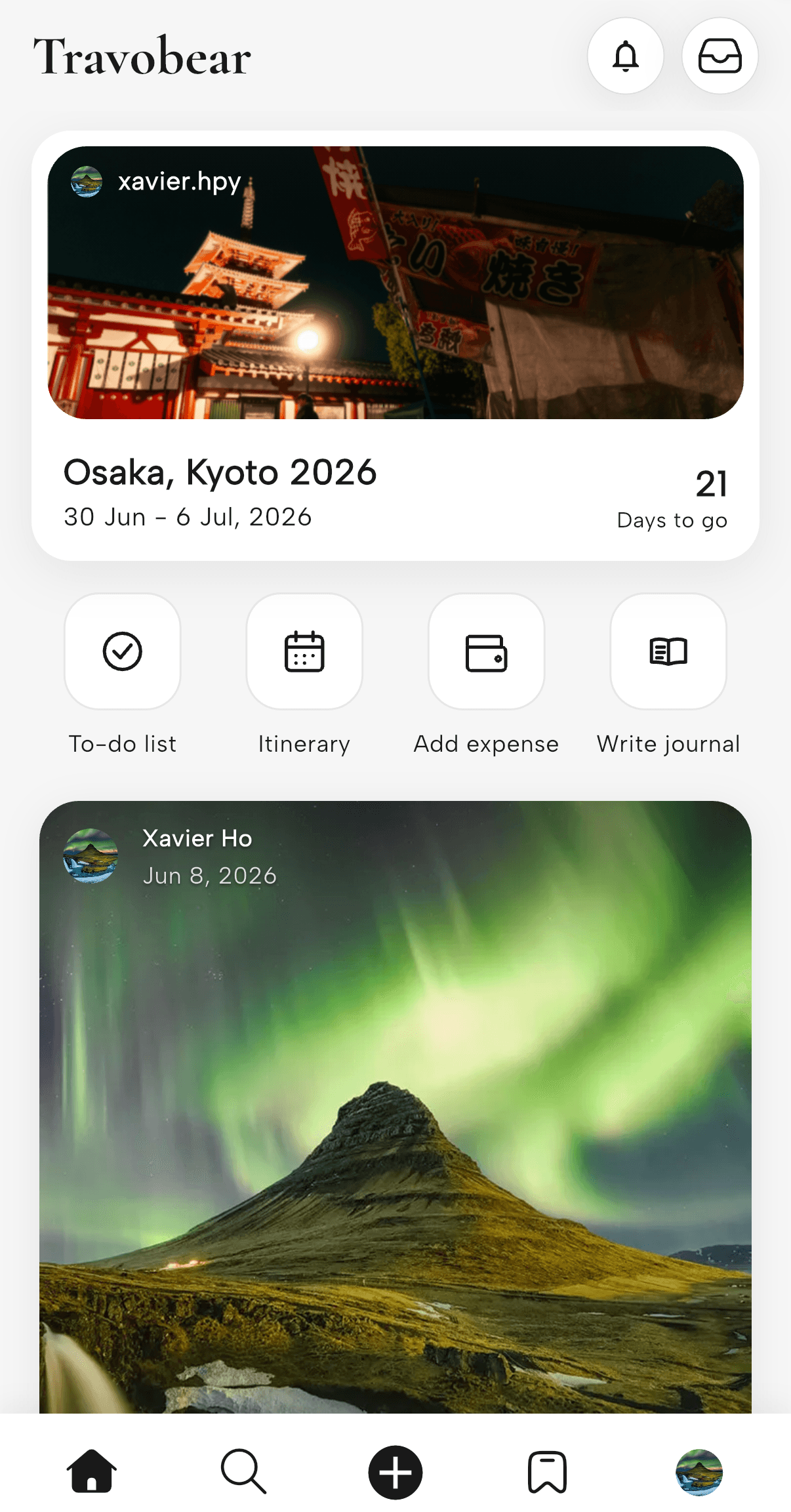 Travobear app home screen — the Osaka, Kyoto 2026 trip card with a countdown, quick actions for to-do list, itinerary, expenses and journal, and a journal photo entry.