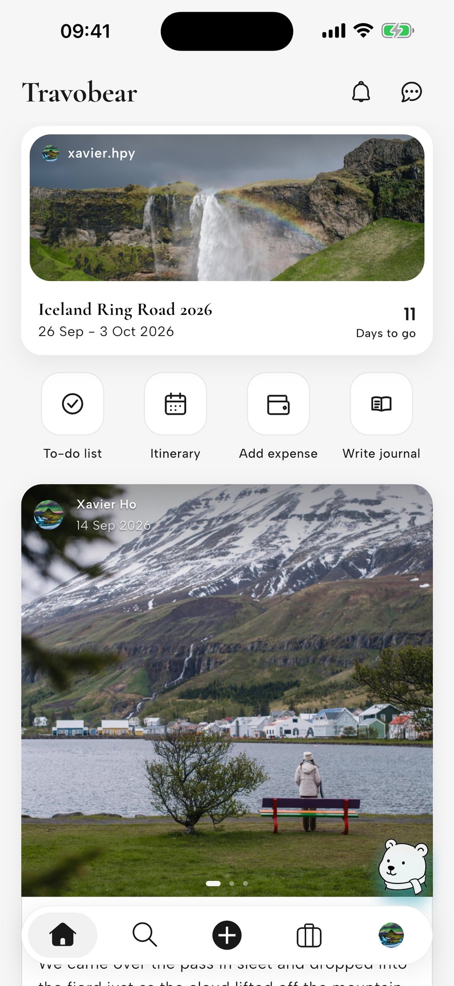 Travobear home screen showing the Iceland Ring Road 2026 journey, 11 days to go